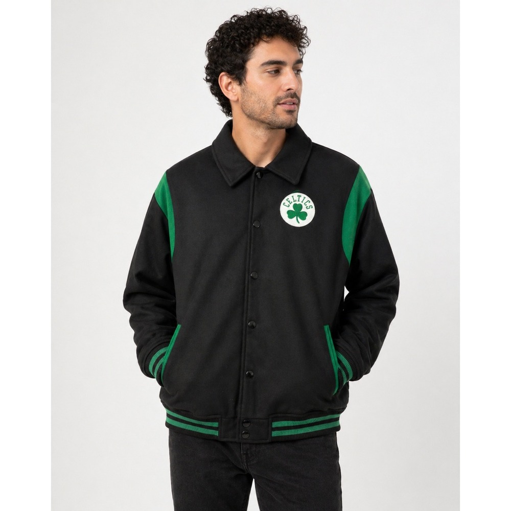 New Era Boston Celtics Mens Large Black Green Wool‎ Blend Varsity Bomber Jacket